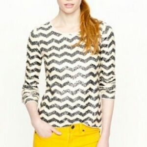 J. Crew Sequin Black and White Chevron Long Sleeve Top Misses XS